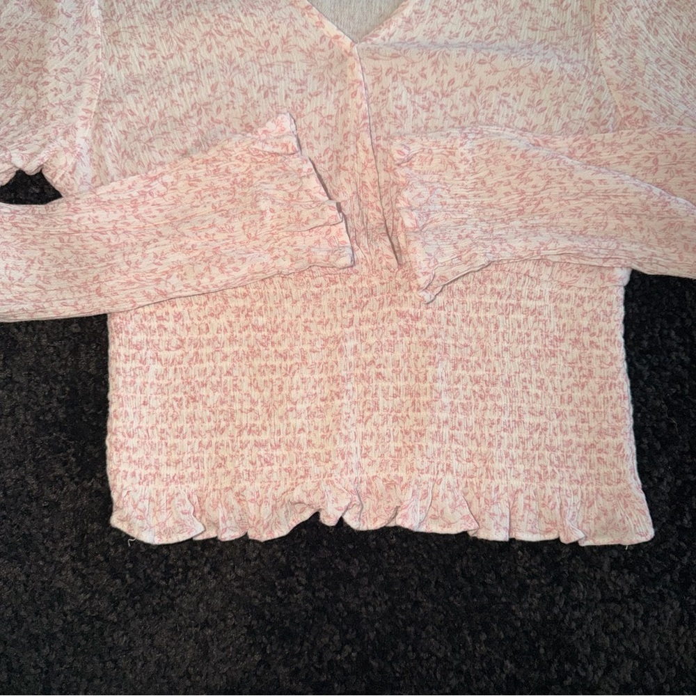 Paper Crane Pink Smocked Crop Top V-Neck Long Sleeve Peplum - Size S - Picture 4 of 8